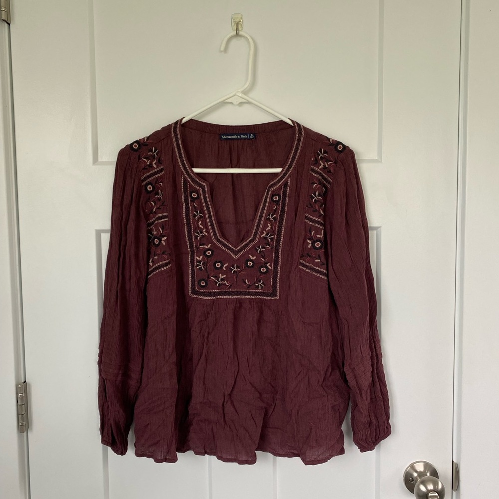 Abercrombie & Fitch Maroon Embroidered Blouse